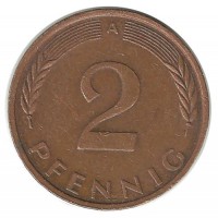 Монета 2 пфеннига. 1991 год (А), ФРГ. (Дубовые листья)