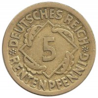 Монета 5 рентенпфеннигов. 1924 (D) год, Веймарская республика.