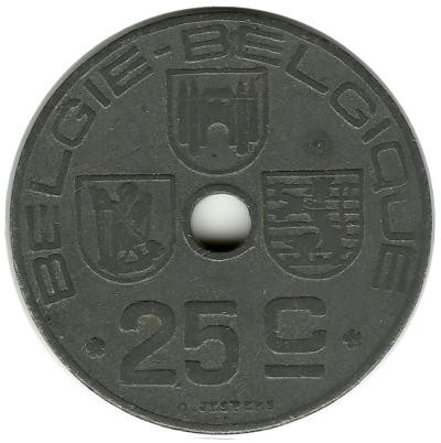 Монета 25 сантимов. 1946 год, Бельгия.  (Belgie-Belgique).