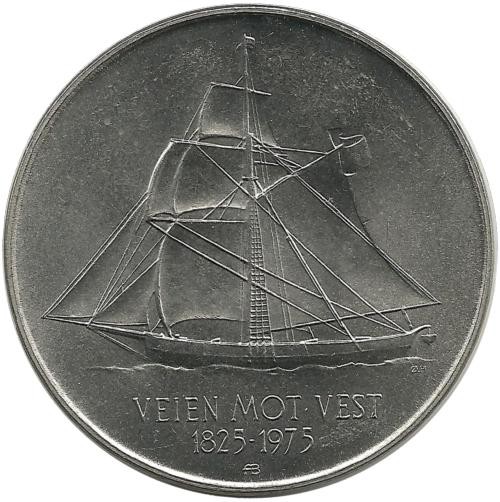 150 лет иммиграции в Америку.  Монета 5 крон. 1975 год, Норвегия.