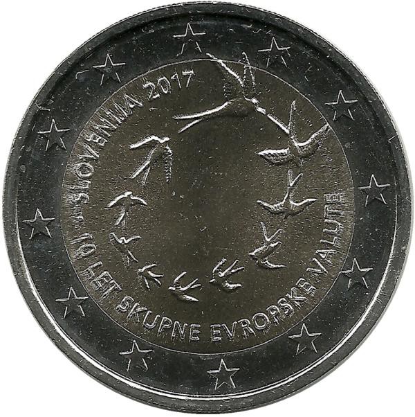 10 лет введению евро в Словении. Монета 2 евро, 2017 год, Словения. UNC. 