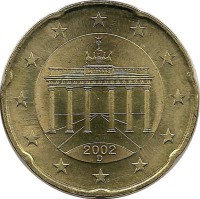 Монета 20 центов. 2002 год (D), Германия.  UNC.