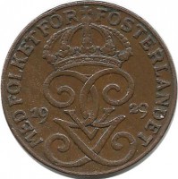 Монета 1 эре.1929 год, Швеция. (изогнутая "2" )