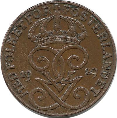 Монета 1 эре.1929 год, Швеция. (изогнутая "2" )