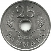 Монета 25 эре. 1972 год, Дания. UNC.  