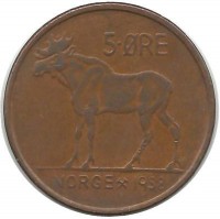 Лось. Монета 5 эре. 1958 год, Норвегия.   