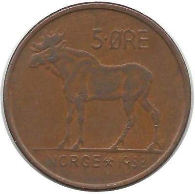 Лось. Монета 5 эре. 1958 год, Норвегия.   