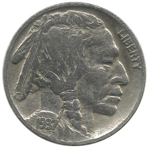 Бизон. Индеец. Монета 5 центов 1937г. (Филадельфия)  CША. 