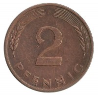 Монета 2 пфеннига. 1977 год (F), ФРГ. (Дубовые листья)