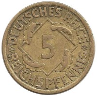 Монета 5 рейхспфеннигов.  1935 (А) год, Веймарская республика.