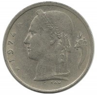 Монета 1 франк.  1974 год, Бельгия.  (Belgique)