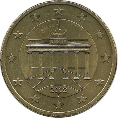 Монета 50 центов. 2002 год (D), Германия.  UNC.