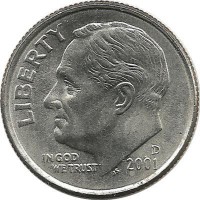 Франклин Д. Рузвельт. Монета 10 центов 2001г. (D.), CША. 