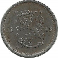 Монета 50 пенни.1943 год, Финляндия.( Железо ,серый цвет ). 