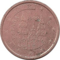 ​Испания. Кафедральный собор Сантьяго-де-Компостелла.​ Монета 2 цента 1999 год.