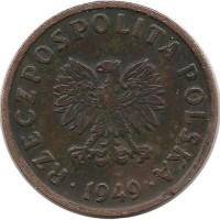 Монета 5 грошей, 1949 год, Польша.  Бронза. Коричневый цвет.