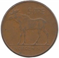 Лось. Монета 5 эре. 1959 год, Норвегия.  