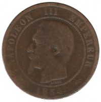 Монета 10 сантимов. 1854 год ,  (А) , Франция.  Наполеон III 