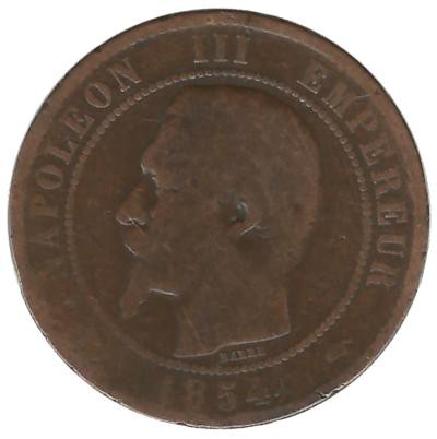 Монета 10 сантимов. 1854 год ,  (А) , Франция.  Наполеон III 