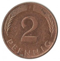 Монета 2 пфеннига. 1990 год (F), ФРГ. (Дубовые листья)