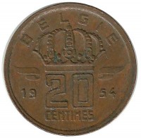 Монета 20 сантимов. 1954 год, Бельгия.  (Belgie)