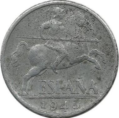 Монета 10 сентимов.1945 год, Испания.