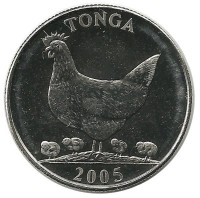 Курица с четырьмя цыплятами. Монета 5 сенити. 2005 год, Тонга. ФАО (FAO). UNC.