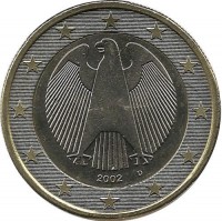 Монета 1 евро, 2002 год, (D) . Германия. UNC.