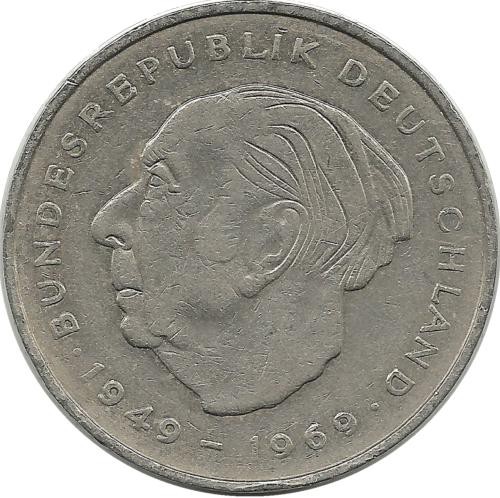 Теодор Хойс. 20 лет Федеративной Республике (1949-1969). Монета 2 марки. 1975 год, Монетный двор - Гамбург (J). ФРГ.