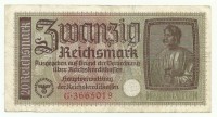 Банкнота 20 рейхсмарок. 1940-1945гг. (Оккупированные территории), круговая надпись: (Главное управление кредитной рейхскассы), серийный номер семизначный, серия G.