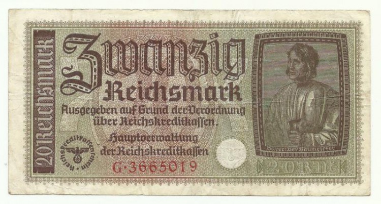 Банкнота 20 рейхсмарок. 1940-1945гг. (Оккупированные территории), круговая надпись: (Главное управление кредитной рейхскассы), серийный номер семизначный, серия G.