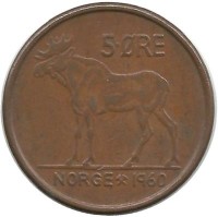 Лось. Монета 5 эре. 1960 год, Норвегия.   