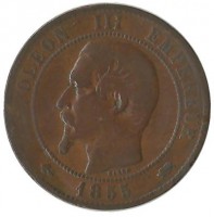 Монета 10 сантимов. 1855 год ,  (D) , Франция.  Наполеон III 