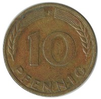 Монета 10 пфеннигов. 1950 год (F), ФРГ. (Дубовые листья)