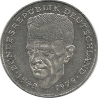 Курт Шумахер, 30 лет Федеративной Республике (1949-1979). Монета 2 марки. 1990 год, Монетный двор - Гамбург (J). ФРГ.