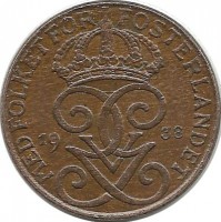 Монета 1 эре.1938 год, Швеция.
