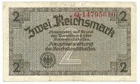 Банкнота 2 рейхсмарки. 1940-1945гг. (Оккупированные территории), круговая надпись: (Главное управление кредитной рейхскассы), серийный номер восьмизначный, серия Q.