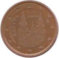Монета 5 центов 2005 год, собор Святого Иакова. Испания.  