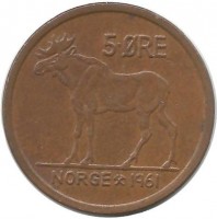 Лось. Монета 5 эре. 1961 год, Норвегия.  
