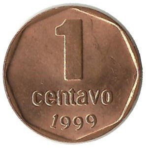 Монета 1 сентаво 1999г. Аргентина(UNC),  (круглая форма, рубчатый гурт)