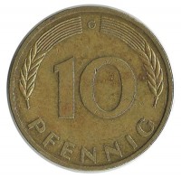 Монета 10 пфеннигов. 1993 год (G), ФРГ. (Дубовые листья)
