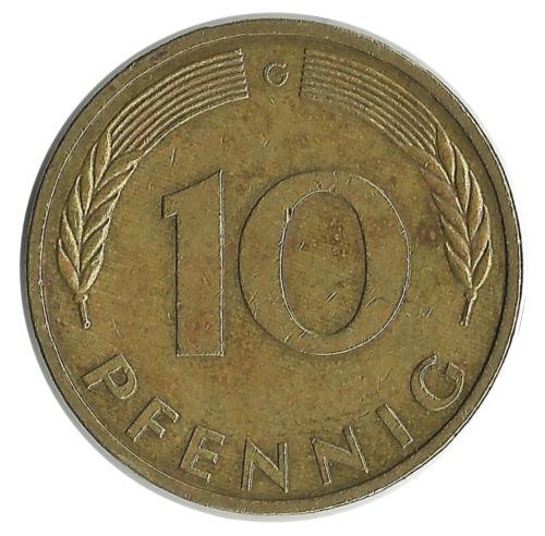 Монета 10 пфеннигов. 1993 год (G), ФРГ. (Дубовые листья)