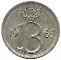 Монета 25 сантимов. 1966 год, Бельгия.  (Belgie).