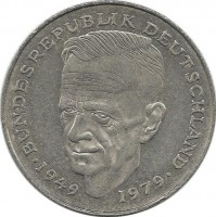 Курт Шумахер. 30 лет Федеративной Республике (1949-1979). Монета 2 марки. 1990 год, Монетный двор - Карлсруэ (G). ФРГ.