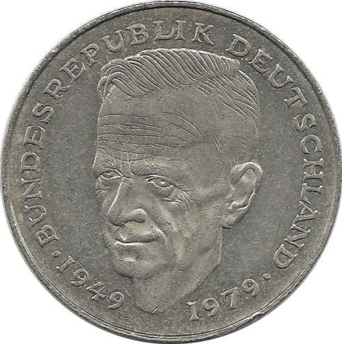 Курт Шумахер. 30 лет Федеративной Республике (1949-1979). Монета 2 марки. 1990 год, Монетный двор - Карлсруэ (G). ФРГ.