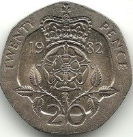 Монета 20 пенсов. 1982 год, Великобритания. 
