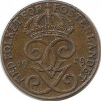 Монета 1 эре.1939 год, Швеция.