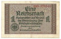 Банкнота 1 рейхсмарка. 1940-1945гг. (Оккупированные территории), круговая надпись: (Главное управление кредитной рейхскассы).