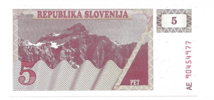 Банкнота 5 толаров. 1990 год. Словения. UNC.