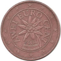 Монета 2 цента, 2004 год, Австрия.  